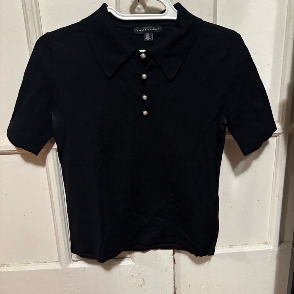 Saks Fifth Avenue Black Pearl Button Polo Shirt y2k